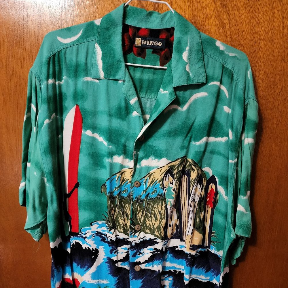 Men's XL Wingo Green Hawaiian Print Short Sleeve Button Down Shirt